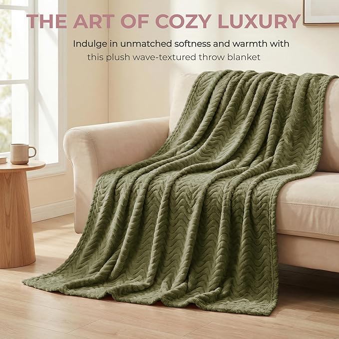 Exclusivo Mezcla Fleece Throw Blanket for Couch, Cozy Lightweight Blankets for All Season, Decorative Giftable Fuzzy Plush Wave Textured Throws for Women, Men, Olive Green, 50x70 Inches