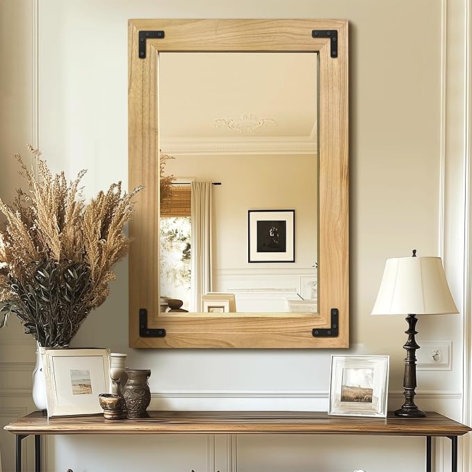 Bathroom Mirror for Wall with Wooden Frame,36"x24"Solid Wood Vanity Mirror for Farmhouse, Bathroom, Bedroom Decor, Vertical or Horizontal Hanging(White)
