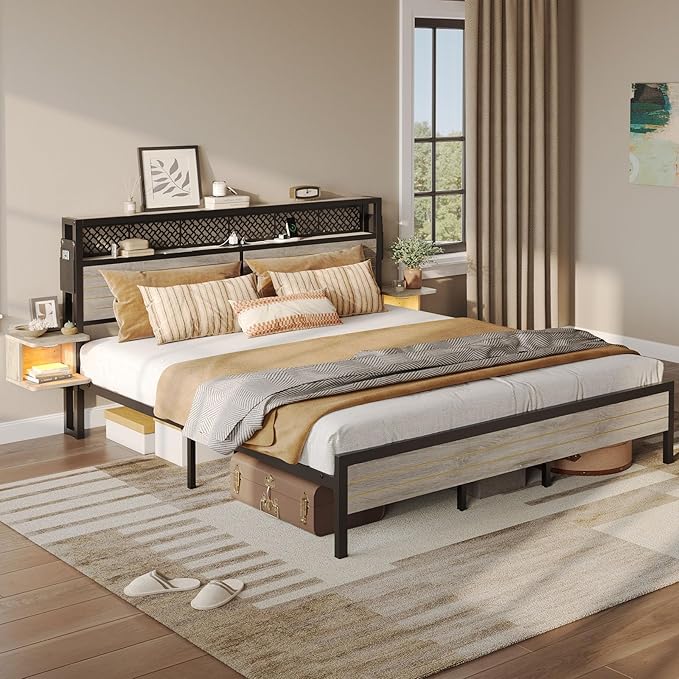 Bestier King Bed Frame with Horizontal Golden Stripe Storage Headboard&LED Nightstands, Metal Platform Bed with Charging Station, Heavy Duty Metal Slats, No Box Spring Needed, Noise Free(Grey Oak)