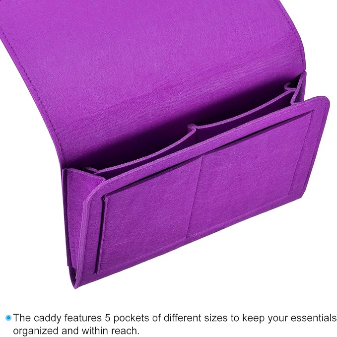PATIKIL 11in Bedside Caddy, Bed Caddy Bedside Organizer Hanging Soft Felt 5 Pockets Bed Pockets Bedside Storage Organizer Remote Control Holder for Bedroom Phones Glasses, Purple