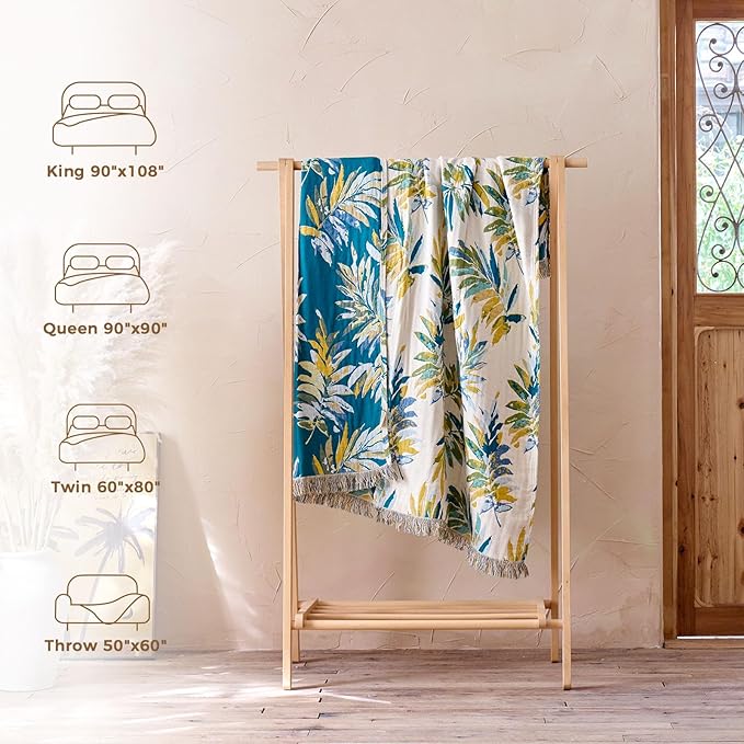 Boho Throw Blanket for Couch Sofa Chair Cotton Spring Blankets for Bedroom Living Room All Season Soft Lightweight Reversible Leaves Embroidery Decorative Throws 50"x60" Home Decor