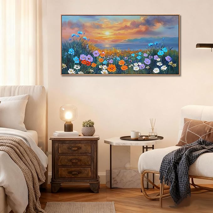 Ardemy Wildflower Wall Art for Living Room Large Framed Floral Canvas Pictures Bedroom Wall Decor, Sunset Painting Flower Textured Artwork for Wall Dining Room Home Office 48"x24"