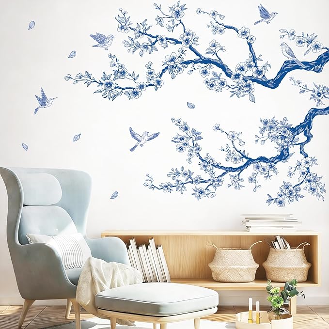 SHUCHING Blue and White Flower Wall Sticker, Tree Branch Wall Decal Peel and Stick, Vintage Boho Floral Wall Art Decor for Bedroom Living Room
