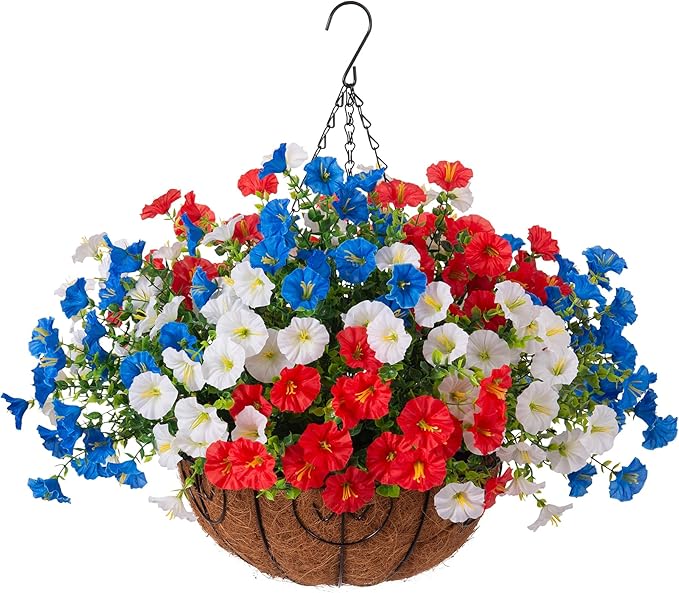 Artificial Fake Hanging Flowers with Basket for Outdoors, Faux Petunias Flowers Fake Hanging Plants with Eucalyptus Realistic UV Resistant for Outside Patio Garden Porch Balcony Yard Decor