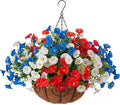 Artificial Fake Hanging Flowers with Basket for Outdoors, Faux Petunias Flowers Fake Hanging Plants with Eucalyptus Realistic UV Resistant for Outside Patio Garden Porch Balcony Yard Decor