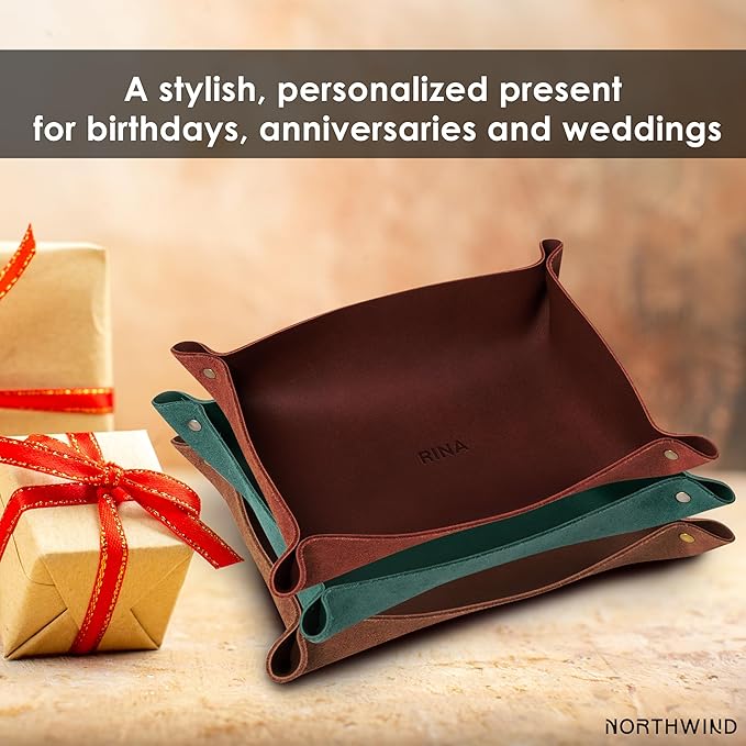 Northwind Personalized Leather Valet Tray – Made in USA - Custom Monogramed Full Grain Leather Catchall Tray for Men, Desk Organizer & Groomsmen Gift, Perfect Storage for Nightstand, Dresser