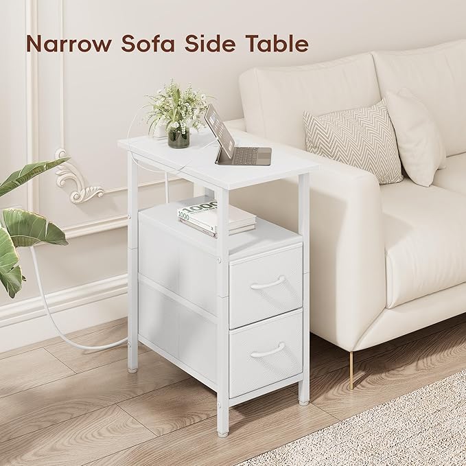 Vagusicc White End Table with Charging Station, Narrow Side Table, 23.8'' Tall Nightstand with 2 Fabric Drawers, Small Sofa Side Table Narrow Nightstand for Small Spaces, Bedroom, Bedsise Table, White