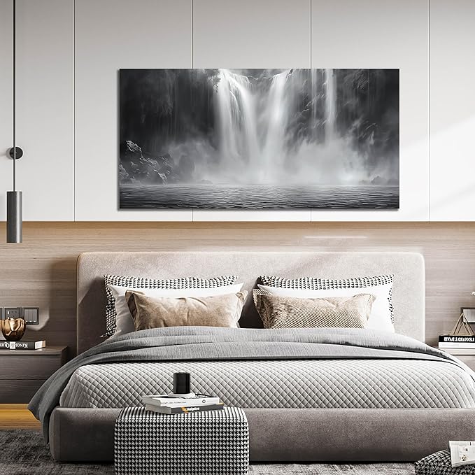 Waterfall Pictures for Living Room - Landscape Black and White Canvas Wall Art for Office - Large Abstract Bedroom Wall Decor Above Bed Size 29" x 59"