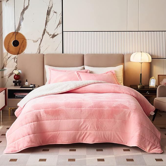 3-Layer Luxury Flannel Fleece Thick Bed Blanket Twin Size Blush Pink for Girls, Soft Plush Velvet Sherpa Blanket with 2 Pillow Shams Heavy Warm for Winter, Breathable n Washable, Pink
