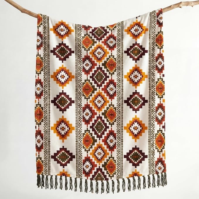 CASAAGUSTO Boho Throw Blanket - Orange and Green Decorative Blankets with Tassel, Printed Flannel Bohemian Blanket for Chair, Bed, Sofa, Couch(60 * 80, Orange and Green)