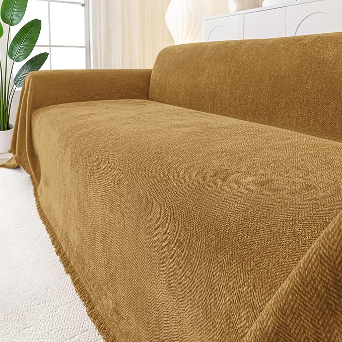 Smiry Couch Cover for Dogs, Washable Chenille Sofa Covers for 3 Cushion Couch, Soft Sofa Slipcover for Pets, Thick Sectional Furniture Protector with Tassels (Yellow, 88.5x118 Inch)