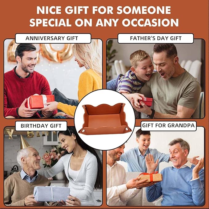 Valet Tray for Men Women 2 Pack - PU Leather Travel Catchall Tray Organizer - Desk Bedside Nightstand Storage Box for Jewelry Key Phone Remote Controller Wallet Watch Glasses Readers -Brown