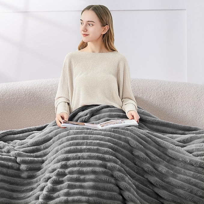 BEDELITE King Size Blanket for Bed, 300GSM Soft & Warm Fleece Blanket, Decorative and Giftable Striped Grey Blankets for Women, Men, 108"x90"