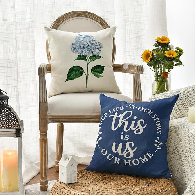 AVOIN colorlife Blue Hydrangea Spring Summer Throw Pillow Covers, 20 x 20 Inch Today is A Good Day Dark Blue Cushion Case Decoration for Sofa Couch Set of 4