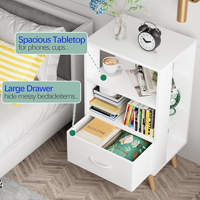 Night Stand, White Nightstand with Drawer, Side Table with Open Storage, 3-Tier Modern End Table, Bedside Table for Small Space, Living Room, Bedroom