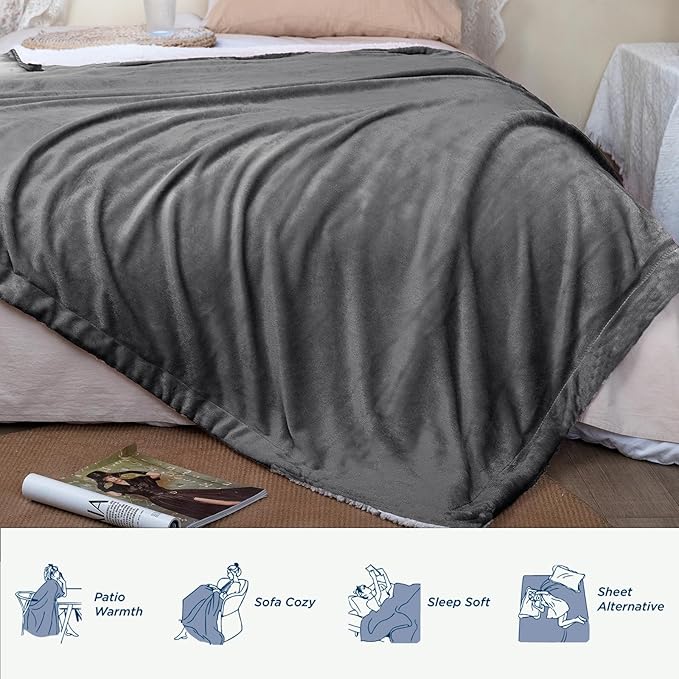 K.Garden Sherpa Fleece Throw Blanket for Couch Sofa, Super Soft Cozy Fuzzy Plush Blankets Fleece Thick Warm Blanket for Winter Reversible Thick Warm Blanket for Bed, Sofa, Charcoal 6080