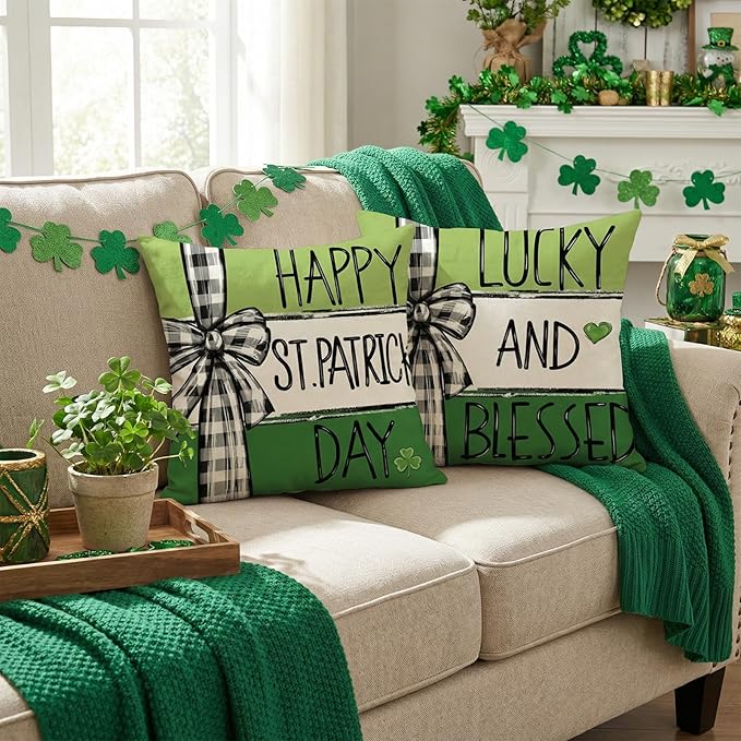 ONFAON St Patricks Day Pillow Covers 18x18 Set of 4 Shamrock Green St Patricks Day Decorations St Patricks Day Hat Farmhouse Classic Decorative Square Cushion Cases for Sofa Couch