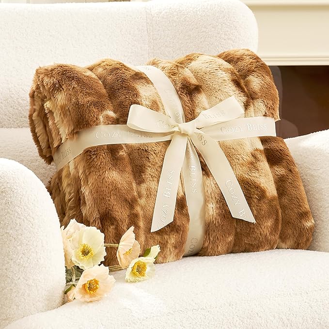 Cozy Bliss Deluxe Striped Rabbit Faux Fur Throw Blanket, Soft Fluffy Warm Plush Blanket for Winter, Modern Homr Decor, Tie-dye Brown 60"x80"
