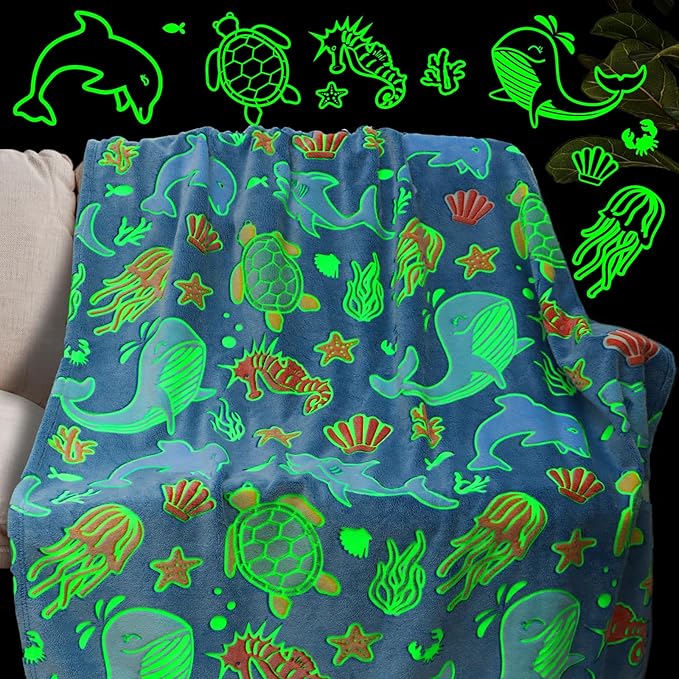 Glow in The Dark Throw Blanket Dolphin Marine Life Luminous Blankets and Throws Blue Colorful Plush Blankets Soft Glowing Throw Easter Gifts for Kids Girls Boys Teens Age 1-15 Years Old