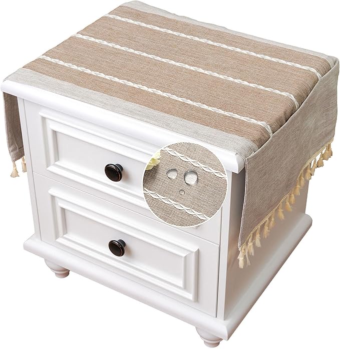 SIELUNO Nightstand Cover, Rectangle Bedside Tablecloth with Pockets and Tassel, Cotton Linen Waterproof Small Tablecloth TV Cabinet Washer Dryer Fridge Top Dust Cover-Coffee Stripes-16x36 Inch