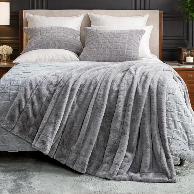Cozy Bliss Deluxe Sheared Rabbit Faux Fur Throw Blanket, Soft Fuzzy High-Low Sculpted Plush Blanket for Couch, Cozy Home Accent, All Season Use, Grey 50"x60"