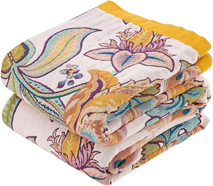 Boho Throw Blanket for Bed, 100% Cotton Soft Rustic Quilt Fall Blanket, 90"x98" Floral Printed Farmhouse Decor Bed Blankets, All Season Rustic Reversible Bohemian Throw Quilt