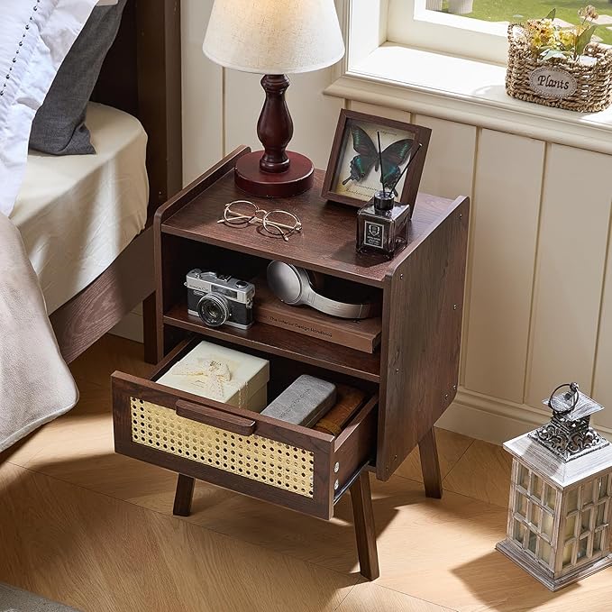 Lerliuo Rattan Nightstands Set of 2, Bedside Table with Drawer Open Shelf, Cane Accent Side End Table with Solid Wood Legs, Walnut Vintage Night Stand for Bedroom, Dorm and Small Spaces