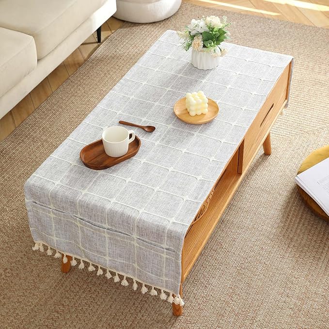 SIELUNO Coffee Table Cover, Rustic Farmhouse Rectangle Table Cloth Cotton Linen Waterproof with Pockets and Tassel for Living Room Decoration - Grey Small Plaids - 24x64 Inch