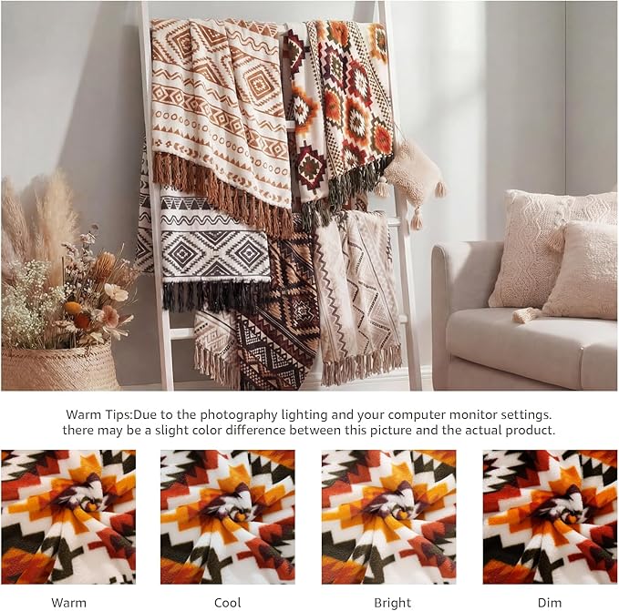 CASAAGUSTO Boho Throw Blanket - Orange and Green Decorative Blankets with Tassel, Printed Flannel Bohemian Blanket for Chair, Bed, Sofa, Couch(60 * 80, Orange and Green)