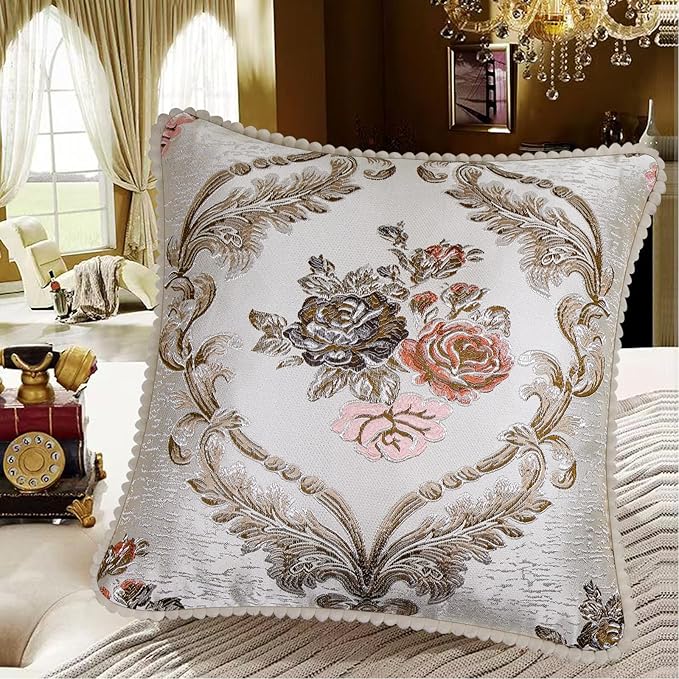 SZHELEJIAM Embroidered Pillow Covers 18x18 Inch Set of 2, Jacquard Retro Cushion Covers in Beige White for Living Room, Sofa Bedroom