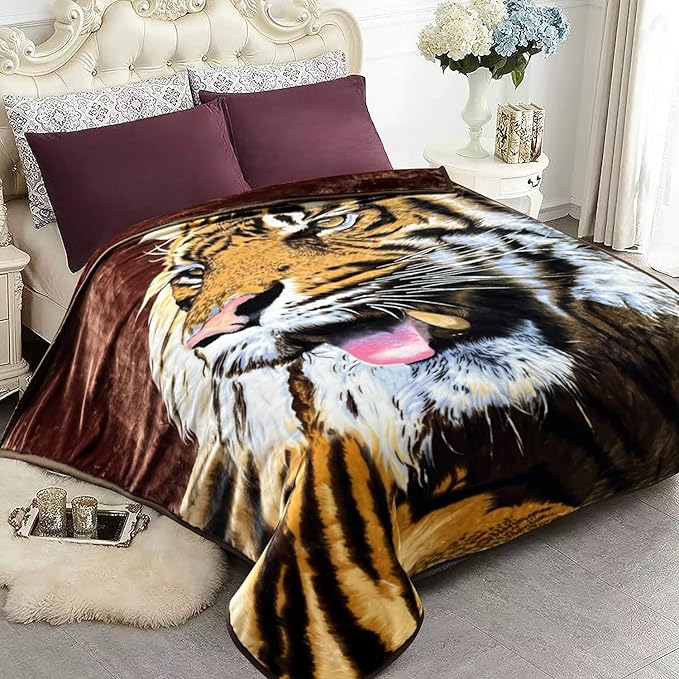 JYK Korean Mink Fleece Blanket Queen Size 75"x 87", 5 LB - 2 Ply Reversible 520GSM Silky Soft Plush Warm Flannel Blanket for Fall Winter (Queen, Tiger/Leopard)