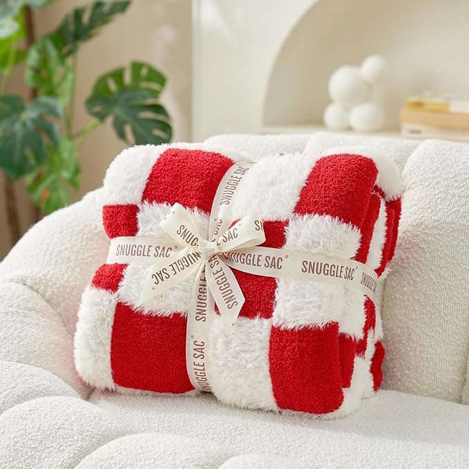 Snuggle Sac Red Checkered Valentine Blanket, Fluffy Faux Fur Ultra Soft Warm Microfiber Throw Blankets for Couch, Sofa, Chair, Bed, Red Checker, 50x60 inches