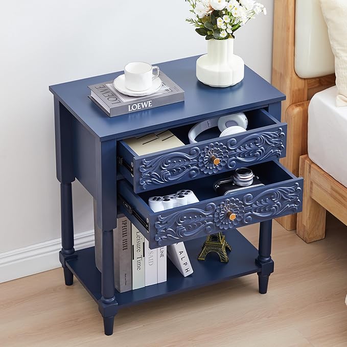 Nightstand, Farmhouse Bedside Table with 2 Drawers and Open Shelf, Wood Sofa Side Table End Table Accent Dresser for Bedroom, Living Room (with Shelf, Blue)
