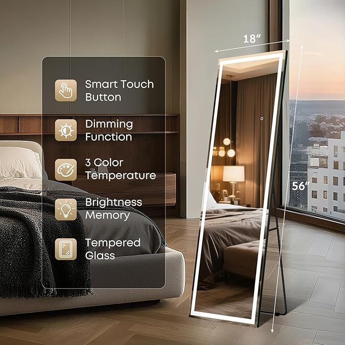 Kosmonia 56"x18" Full Length LED Mirror with Lights, Dimmable Standing/Wall Mirror for Bedroom, Full Body Lighted Floor Mirror, Tempered Glass