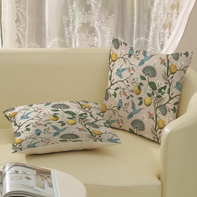 Chinoiserie Pillow Covers 18x18 Set of 2 Blue Green Bird Floral Throw Pillows Vintage Yellow Lemon Flowers Decorations Pillowcase Outdoor Chinoiserie Decor Linen Cushion Case for Couch Home