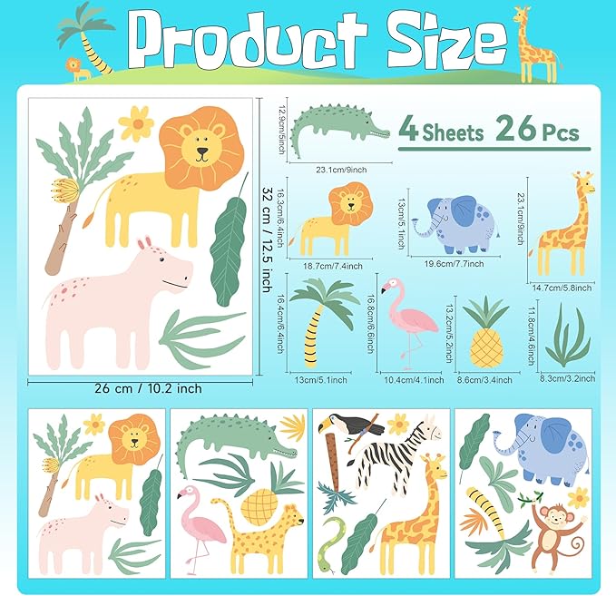 Animals Wall Decals - 4 Sheeets 26 Pcs Cute Jungle Theme Wall Decor Peel and Stick Elephant Giraffe Lion Safari Wall Stickers for Kids Nursery Playroom Bedroom Living Room Décor