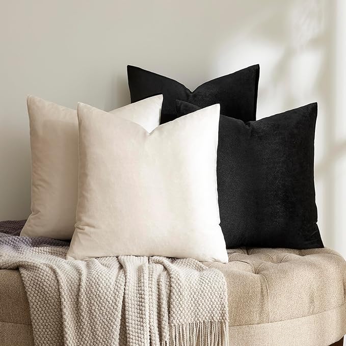 GIGIZAZA Decorative Velvet Pillow Covers - 20x20 Throw Pillows Soft Black Beige Covers Accent for Couch Living Room Bed Square Modern Luxury Cushion Covers Home Decor Set of 4