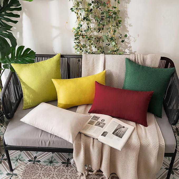 MIULEE Pack of 2 Decorative Outdoor Solid Waterproof Throw Pillow Covers Faux Linen Garden Farmhouse Cushion Cases for Patio Tent Balcony Couch Sofa 18x18 Inch Emerald Green