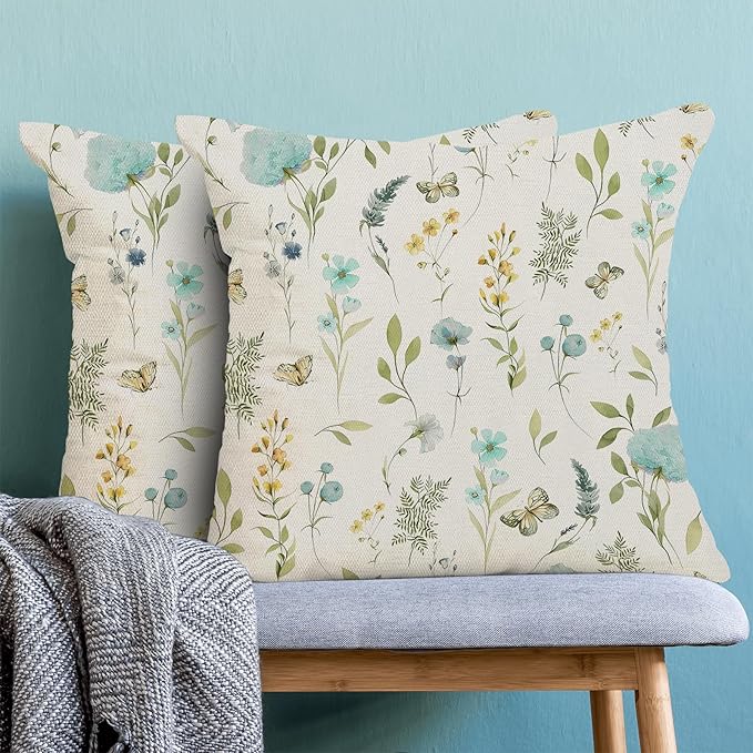 Spring Pillow Covers 18x18 Inch Set of 2, Aqua Teal Sage Green Wild Flower Throw Pillows Case,Colorful Seasonal Floral Plant Outdoor Decorative Farmhouse Decor Cushion Covers for Sofa Bed Couch