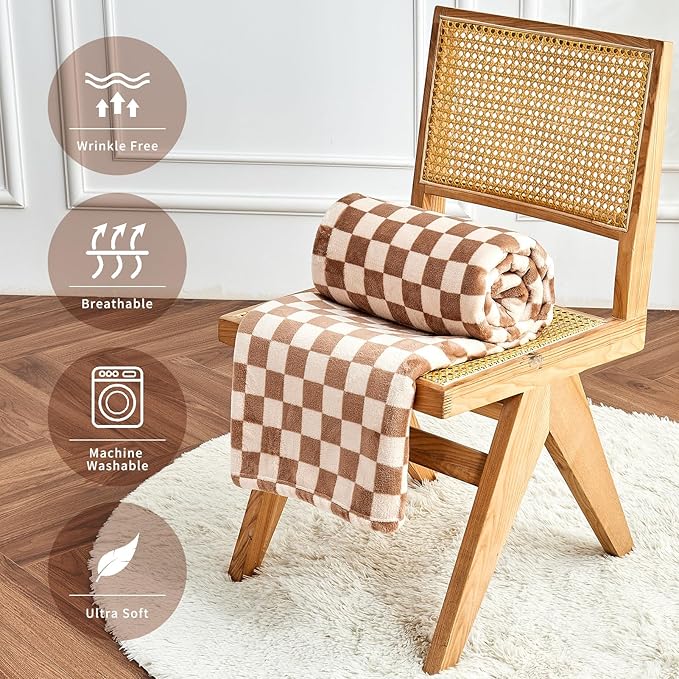 FY FIBER HOUSE Checkered Flannel Fleece Throw Blanket Queen Size Soft Cozy Checkerboard Grid Print Chessboard Gingham Pattern Blankets for Bed Couch Sofa, 90"x90", Khaki