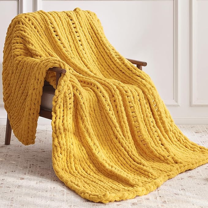 Chunky Knit Throw Blanket, 80''*90'' Knitted Throw Chenille Yarn for Bed Couch, Handmade Yellow Crochet Big Thick Blanket, Machine Washable Cute Comfy Blanket for Home Decor