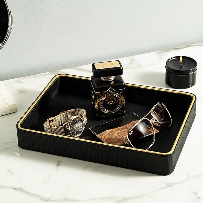 ZHEM Women Perfume Tray Valet Tray NightStand Bedside Organizer| Perfume Organizer Holder| Decorative Perfume Trays| Leather Vanity Tray Catchall Trinket Tray (Beige 8"x11"x1.75")