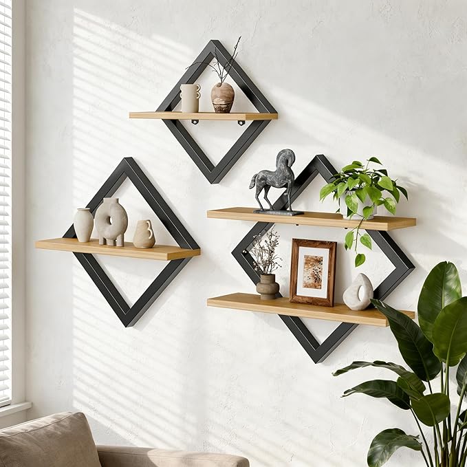 Floating Shelves Set of 3-2-Tier Hanging Wall Mounted Shelves, Decorative Storage Shelf for Living Room, Bedroom, Bathroom & Kitchen, Rustic Brown (3)
