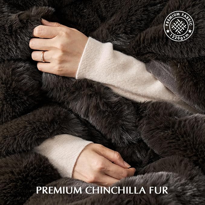 EVERGRACEHOME Luxury Soft Faux Chinchilla Fur Throw Blanket for Couch, Warm Thick Heavy Winter Throw Blanket 1220GSM for Bed, Fluffy Cozy Mink Blanket with Reversible Velvet, Espresso Mink, 50"x60"
