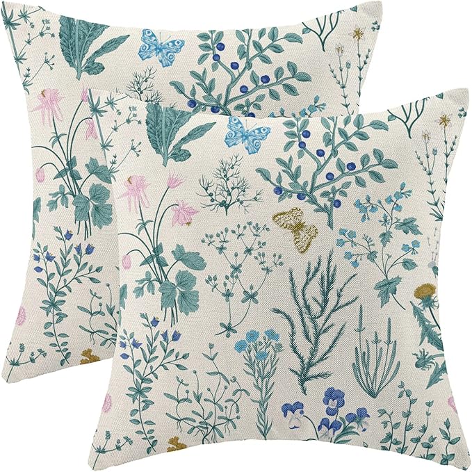 AEIOAE Spring Pillow Covers 16x16 Inch Set of 2,Blue Teal Wild Flower Plant Throw Pillows Case,Seasonal Floral Outdoor Decorative Square Linen Farmhouse Decor Cushion Covers for Home Sofa Bed Couch
