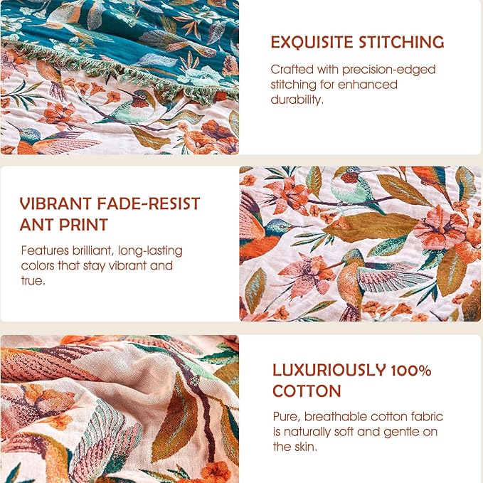 Boho Throw Blanket - 60"x80" 100% Cotton Ultra Soft Lightweight Spring Blanket, 4-Layer Breathable Muslin Blankets for Bed Couch, Reversible Blue Floral Bird Printed Bohemian Cotton Quilt