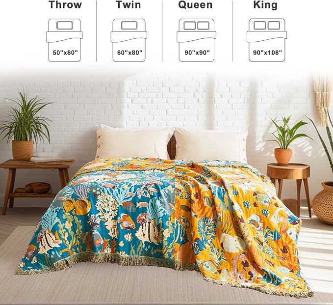 Throw Blanket for Couch Sofa 100% Cotton Blankets for Bedroom Living Room Spring Soft All Season Reversible Underwater Ocean Life Embroidery Throws Coastal Home Decor 50"x60"