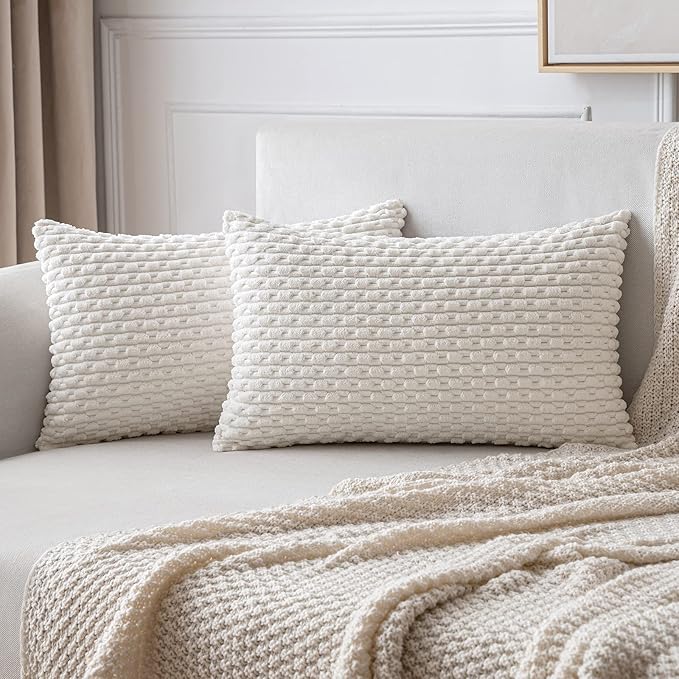 MIULEE Christmas Throw Pillow Covers Soft Corduroy Decorative Set of 2 Boho Striped Pillow Covers Pillowcases Farmhouse Home Decor for Couch Bed Sofa Living Room 12x20 Inch Pure White