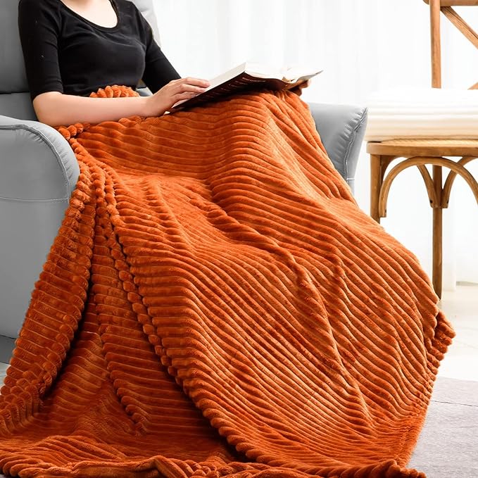 Vessia Flannel Fleece Orange Throw Blanket for Couch, Lightweight Warm Cozy Soft Striped Bed Throw for Adults and Kids, Microfiber Ribbed Sofa Blanket for All Season