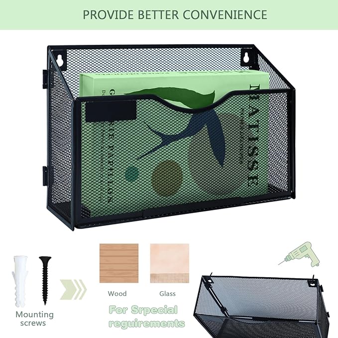 1 Tier Wall Mount File Holder, Black Metal Mesh A4 Document Organizer, Hanging Mail Sorter & Magazine Rack for Office Home School, Durable Space-Saving Filing Storage